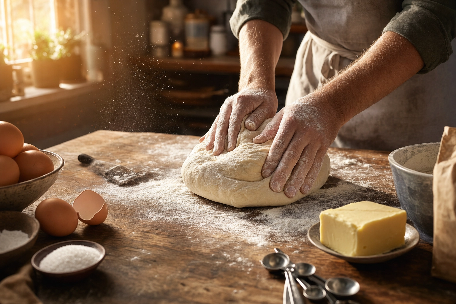Amasado real de una masa sobre mesa de cocina con ingredientes alrededor